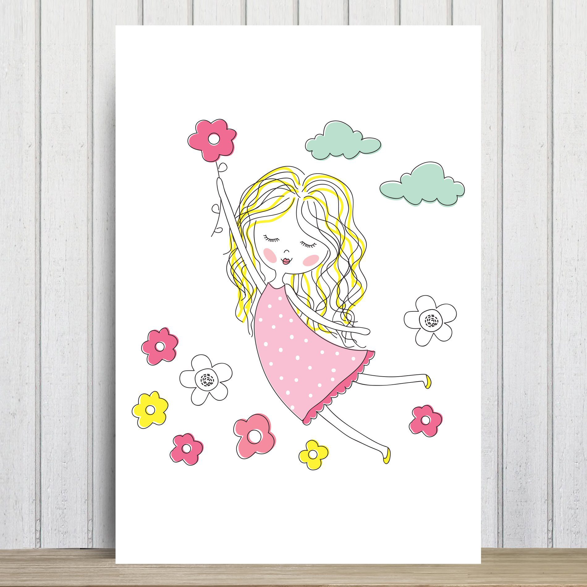 Placa Decorativa MDF Infantil Menina e Flores