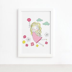 Quadro Decorativo com Moldura Branca Menina Flores 33x43cm