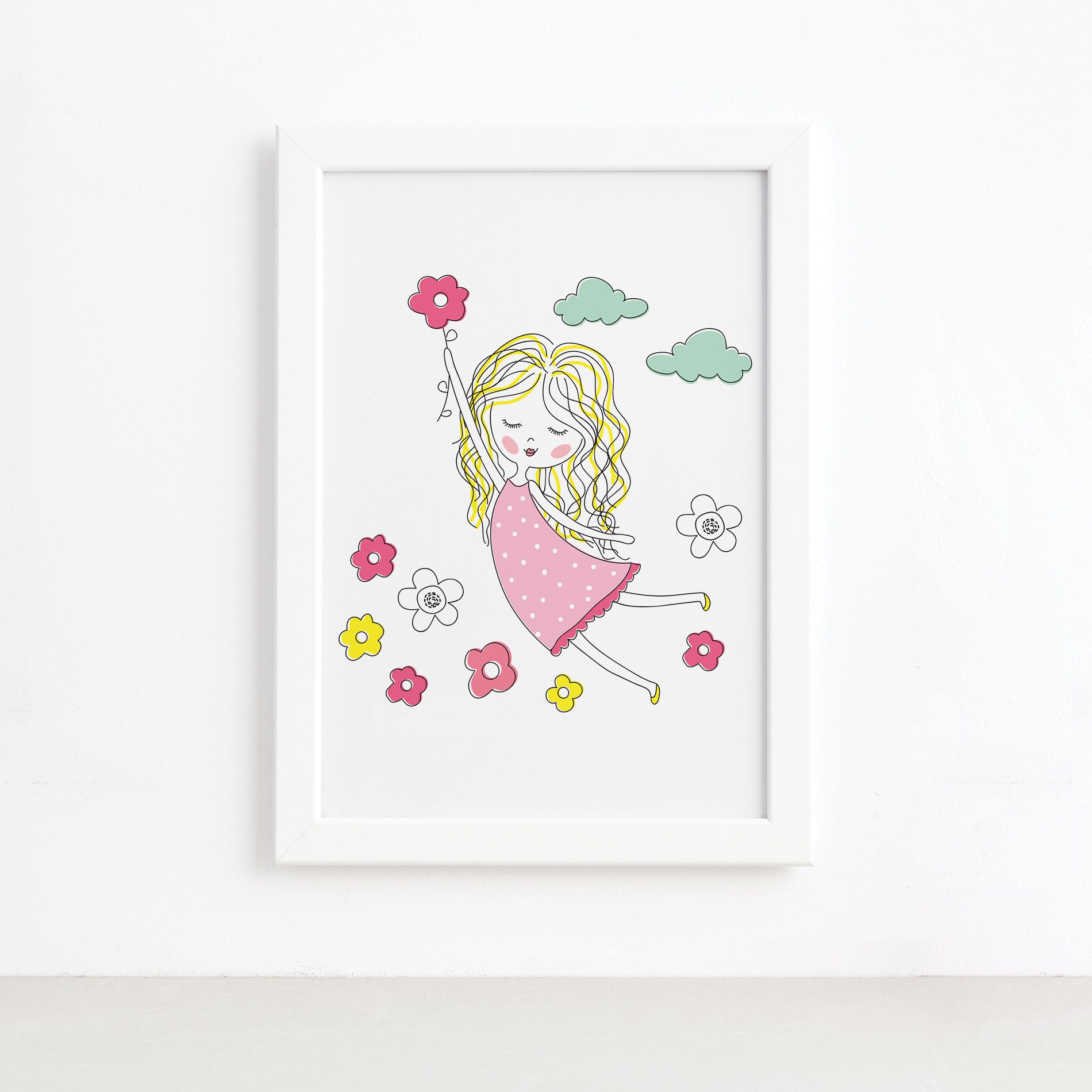 Quadro Decorativo com Moldura Branca Menina Flores 33x43cm