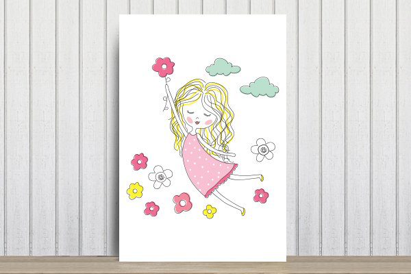 Placa decorativa infantil em MDF com ilustração de menina e flores, tamanho 20x30cm, mostrando detalhes para aplicação.