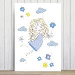 Placa Decorativa MDF Infantil Menina e Flores Azuis 20x30cm