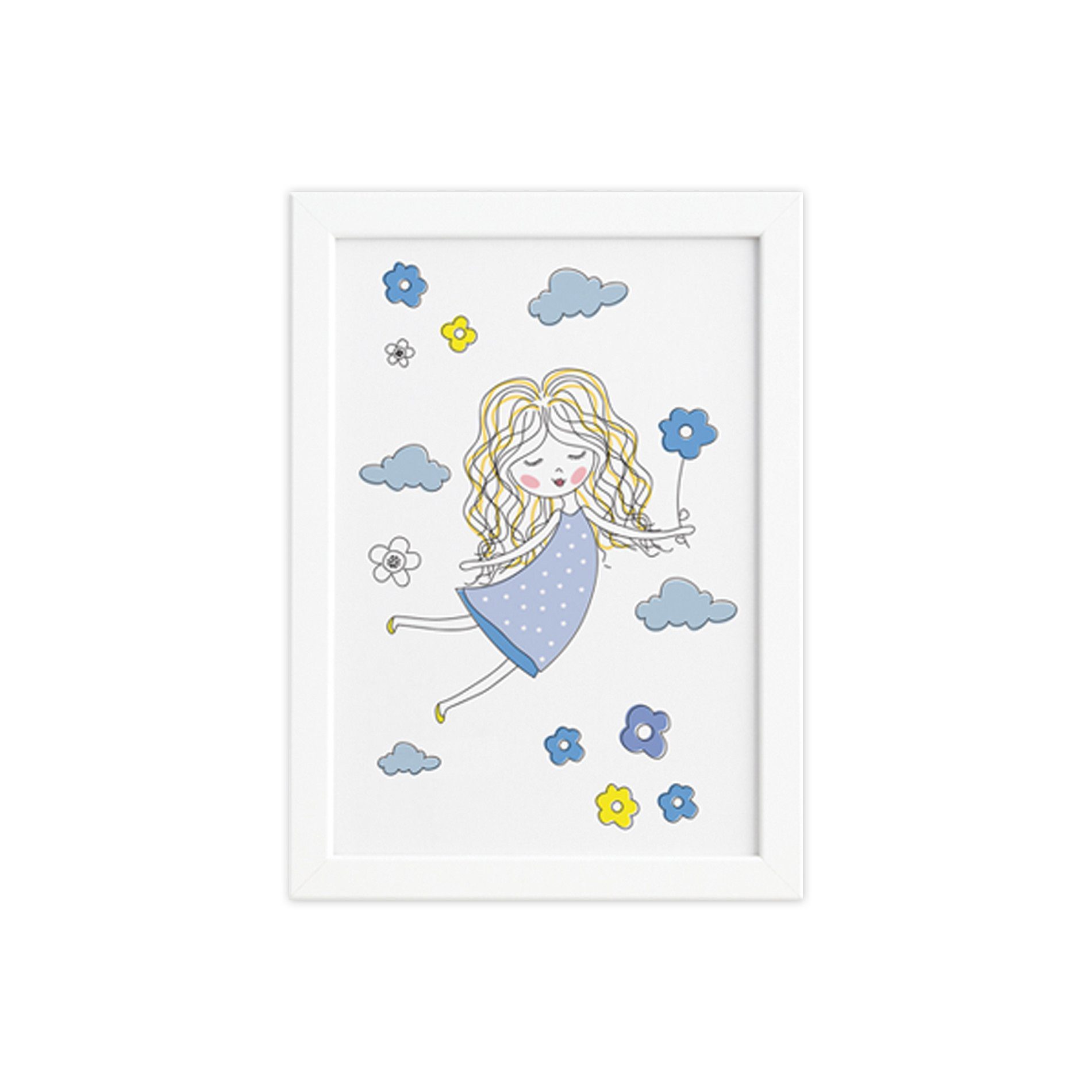 Quadro para Quarto Menina Flores Azuis Moldura Branca