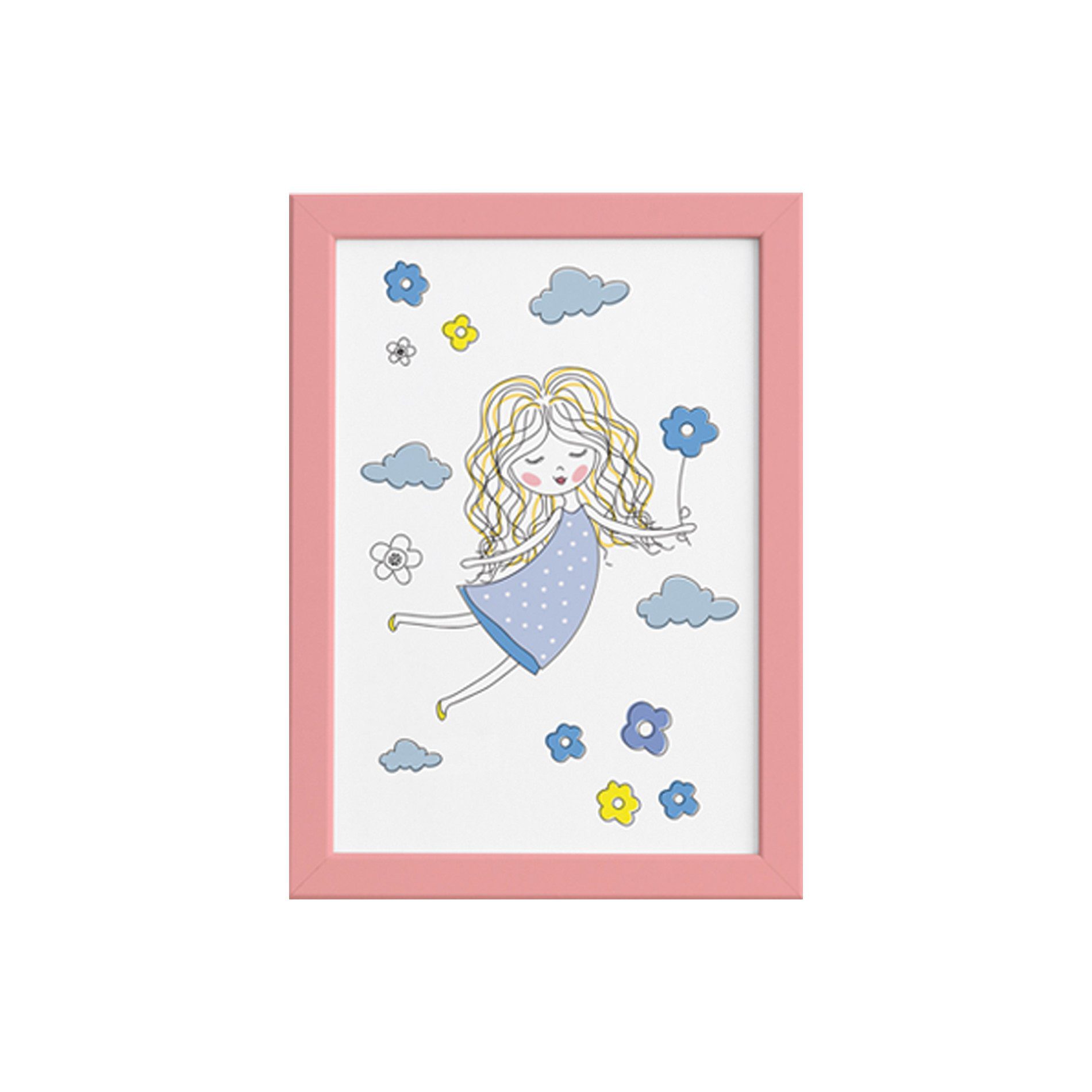 Quadro para Quarto Menina e Flores Azuis Moldura Rosa