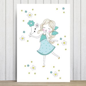 Placa Decorativa MDF Infantil Menina e Flores Verdes