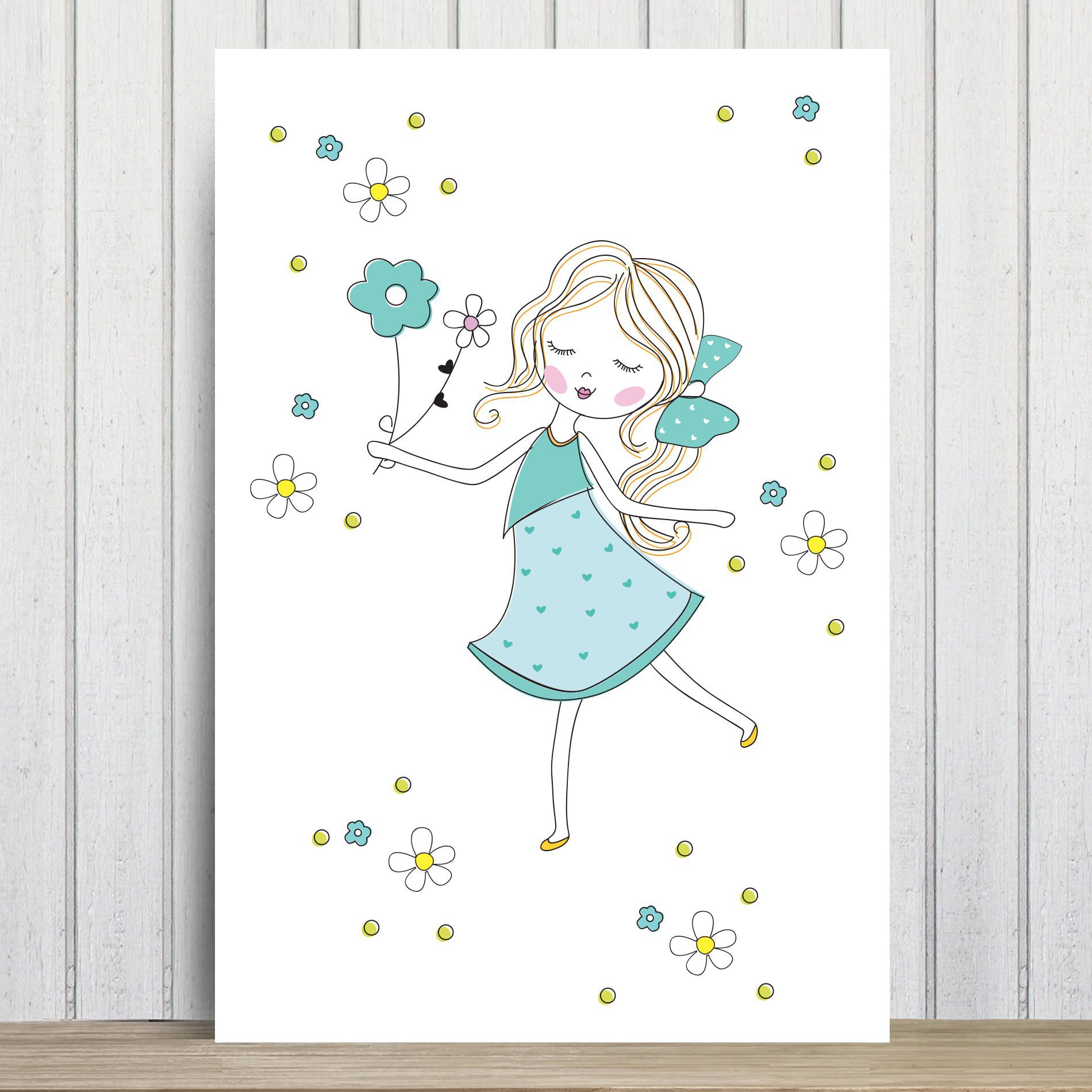 Placa Decorativa MDF Infantil Menina e Flores Verdes