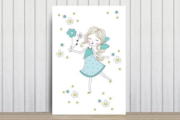 Placa Decorativa MDF Infantil Menina e Flores Verdes