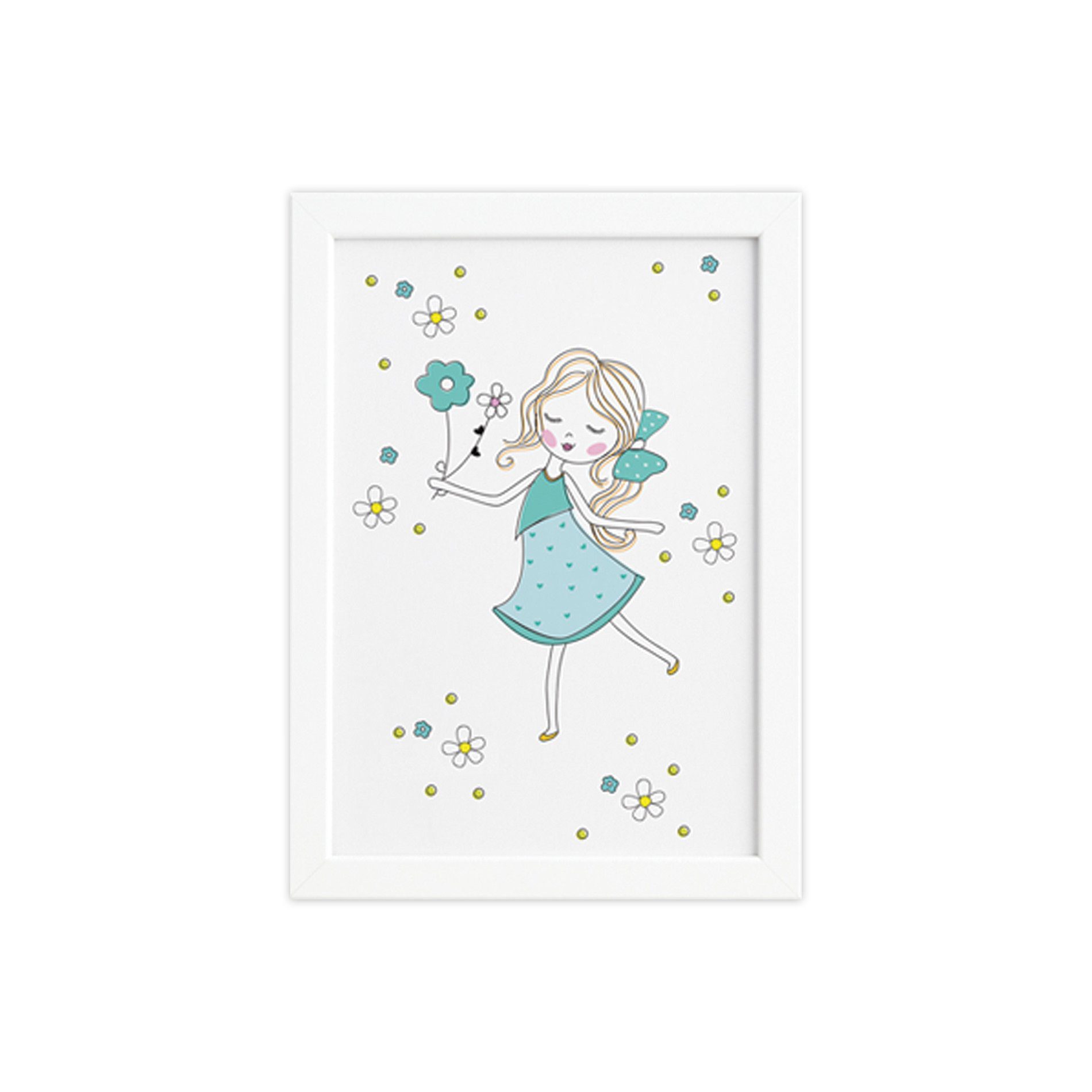Quadro para Quarto Menina Flores Verdes Moldura Branca