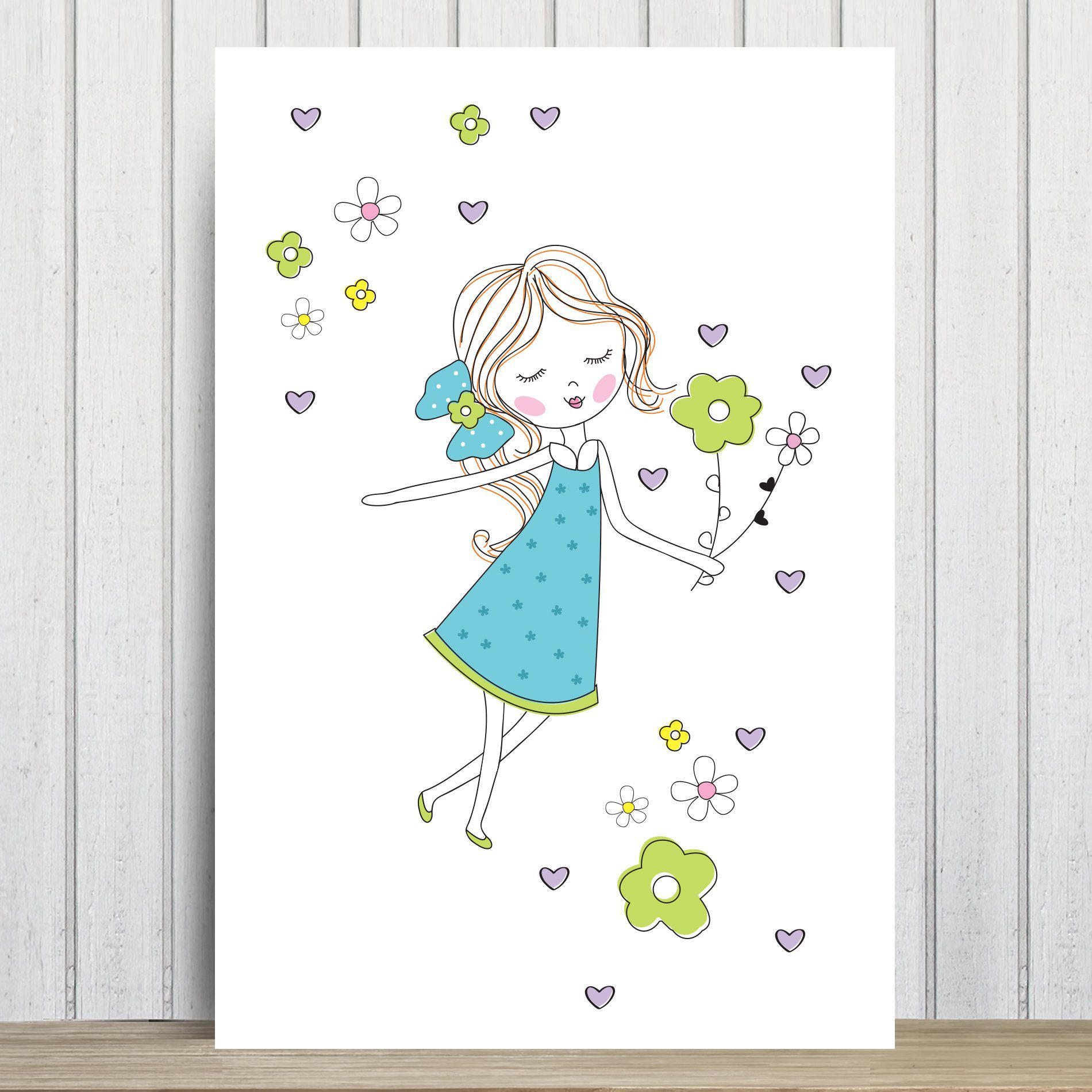 Placa Decorativa MDF Infantil Menina Flores Turquesa