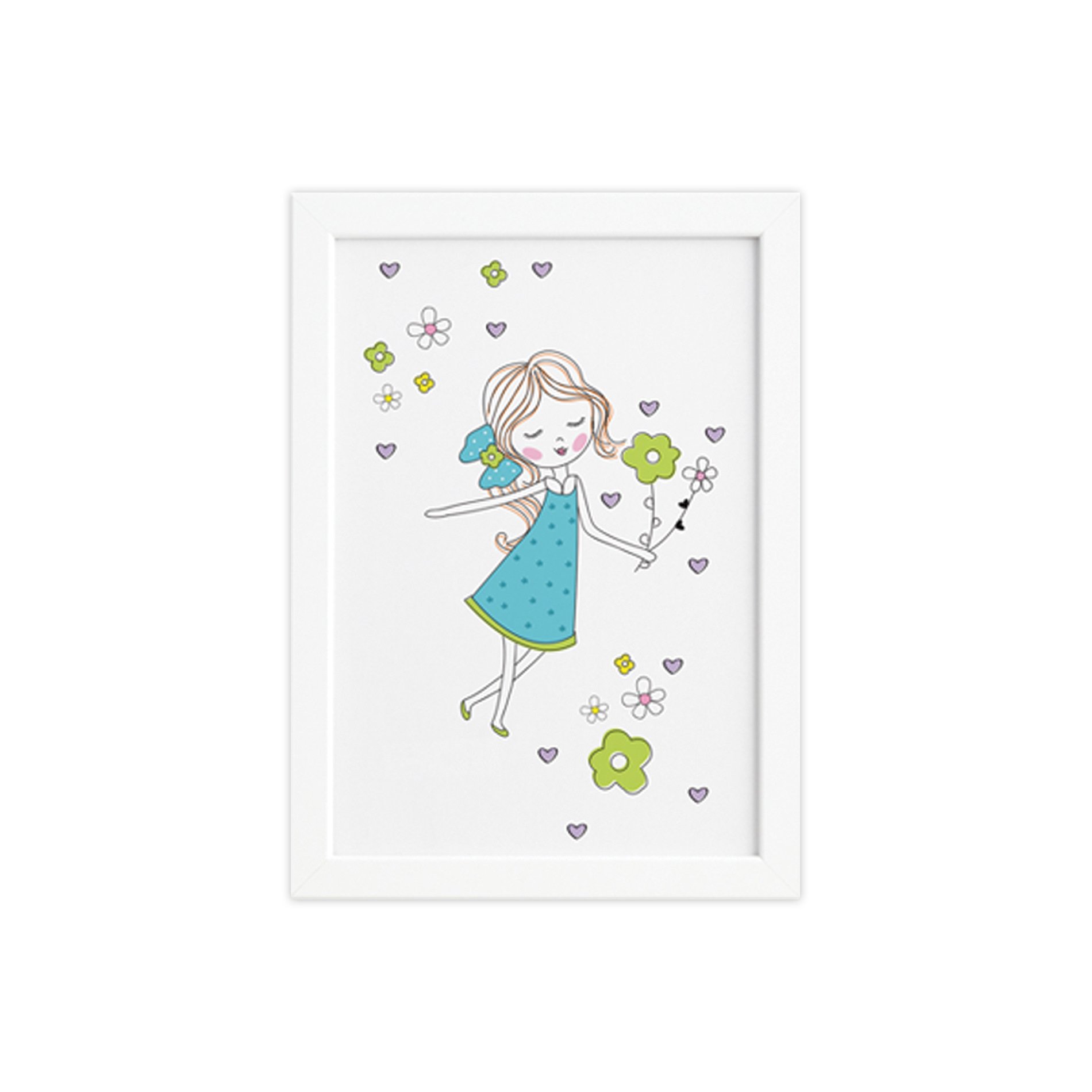 Quadro Quarto Menina Flores Turquesa Moldura Branca