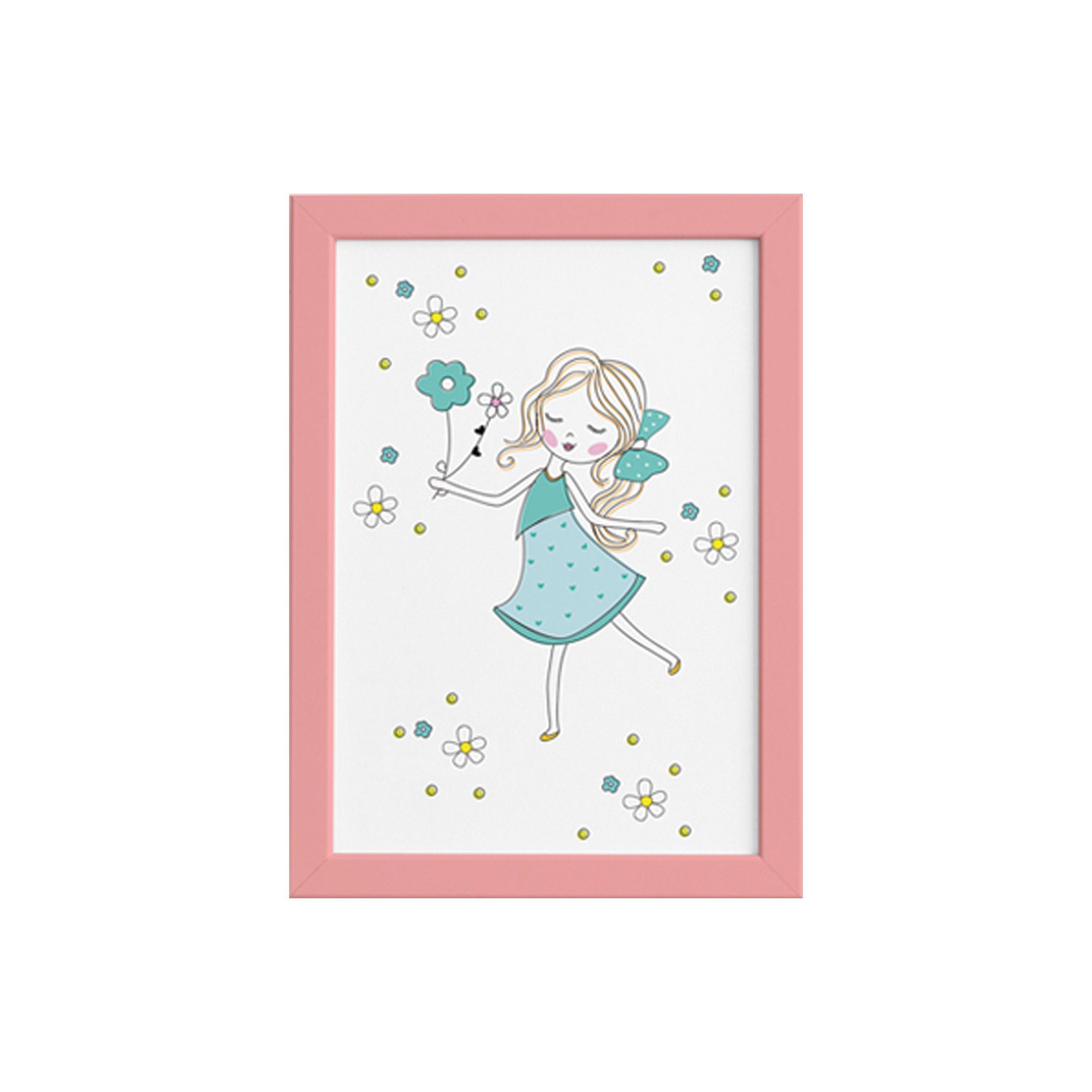 Quadro para Quarto Menina e Flores Verdes Moldura Rosa