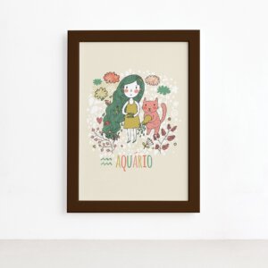 Quadro Signo Aquário Moldura Marrom 22x32cm,Quadro Signo Aquário Moldura Marrom 22x32cm