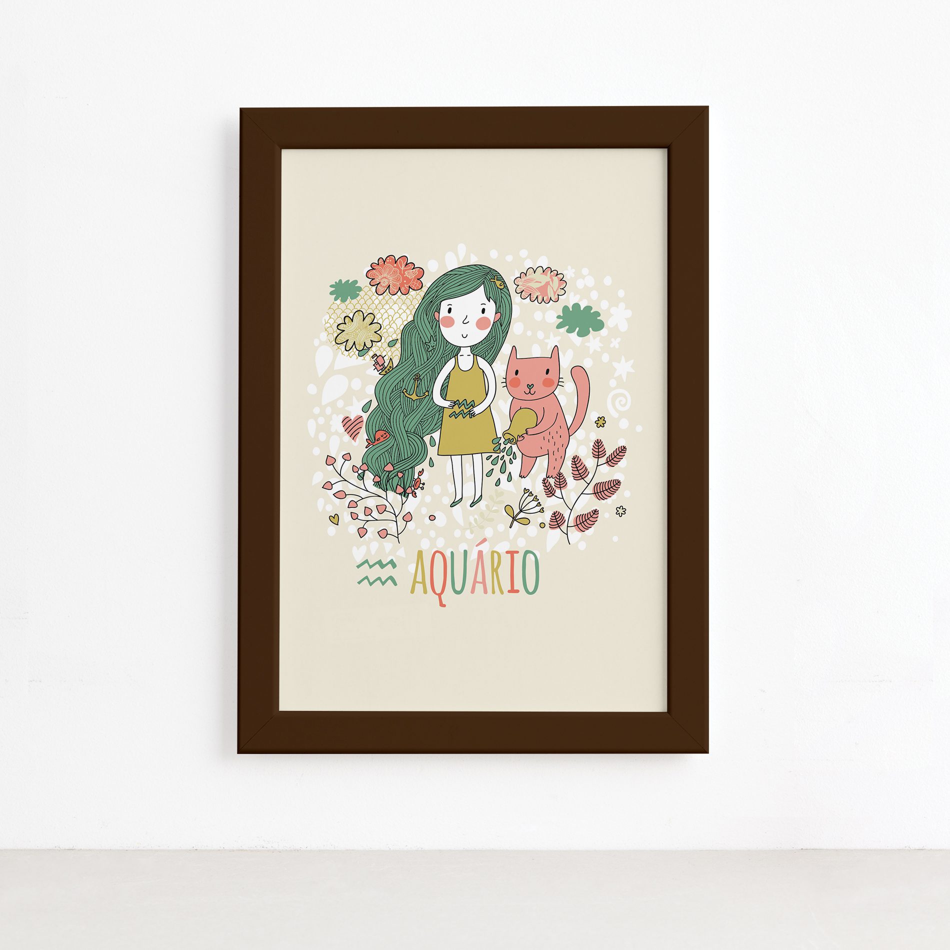 Quadro Signo Aquário Moldura Marrom 22x32cm,Quadro Signo Aquário Moldura Marrom 22x32cm