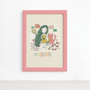 Quadro Signo Aquário Moldura Rosa 22x32cm,Quadro Signo Aquário Moldura Rosa 22x32cm