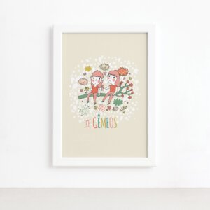 Quadro Signo Gêmeos Moldura Branca 22x32cm,Quadro Signo Gêmeos Moldura Branca 22x32cm