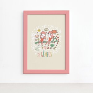 Quadro Signo Gêmeos Moldura Rosa 22x32cm,Quadro Signo Gêmeos Moldura Rosa 22x32cm