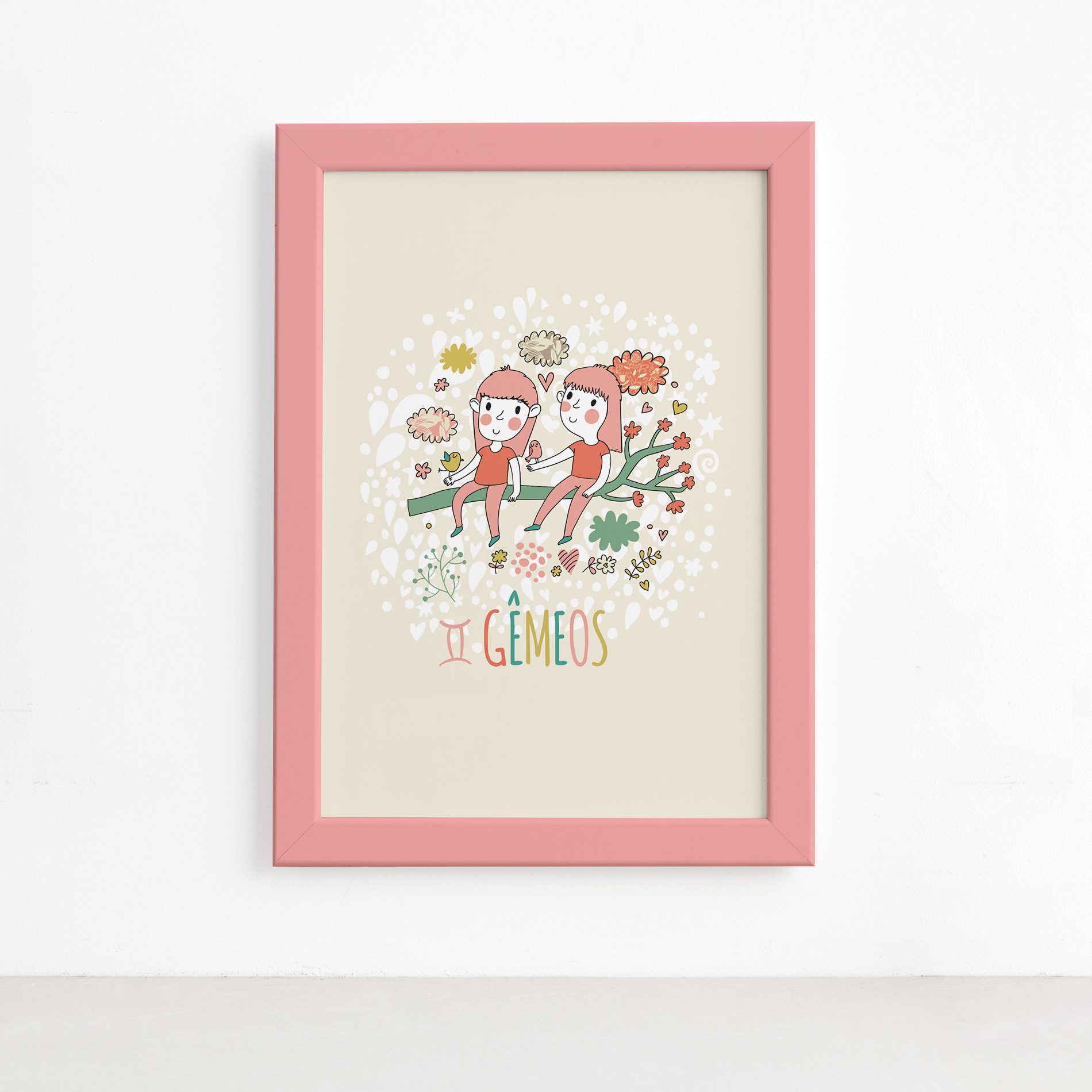 Quadro Signo Gêmeos Moldura Rosa 22x32cm,Quadro Signo Gêmeos Moldura Rosa 22x32cm