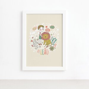 Quadro Signo Leão Moldura Branca 22x32cm,Quadro Signo Leão Moldura Branca 22x32cm