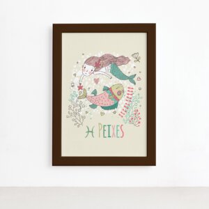 Quadro Signo Peixes Moldura Marrom 22x32cm,Quadro Signo Peixes Moldura Marrom 22x32cm