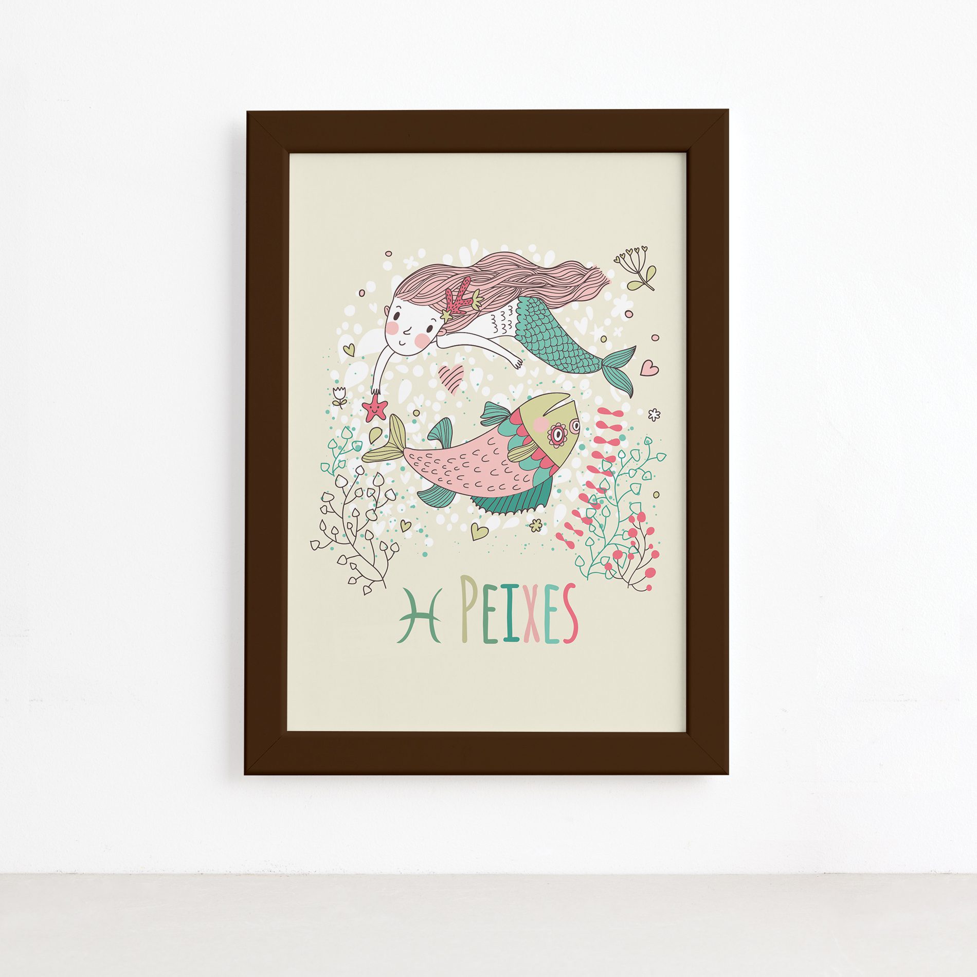 Quadro Signo Peixes Moldura Marrom 22x32cm,Quadro Signo Peixes Moldura Marrom 22x32cm