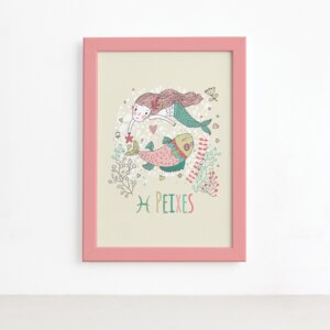 Quadro Signo Peixes Moldura Rosa 22x32cm,Quadro Signo Peixes Moldura Rosa 22x32cm