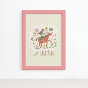 Quadro Signo Sagitário Moldura Rosa 22x32cm,Quadro Signo Sagitário Moldura Rosa 22x32cm