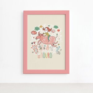 Quadro Signo Touro Moldura Rosa 22x32cm,Quadro Signo Touro Moldura Rosa 22x32cm