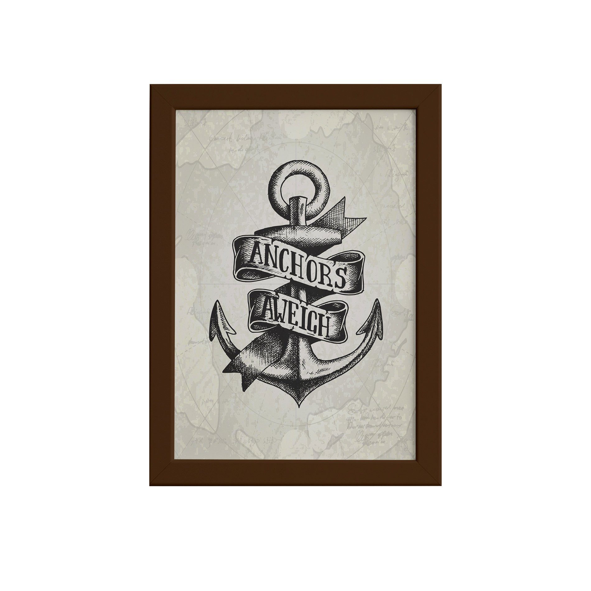 Quadro Vintage Náutico Âncora Moldura Marrom