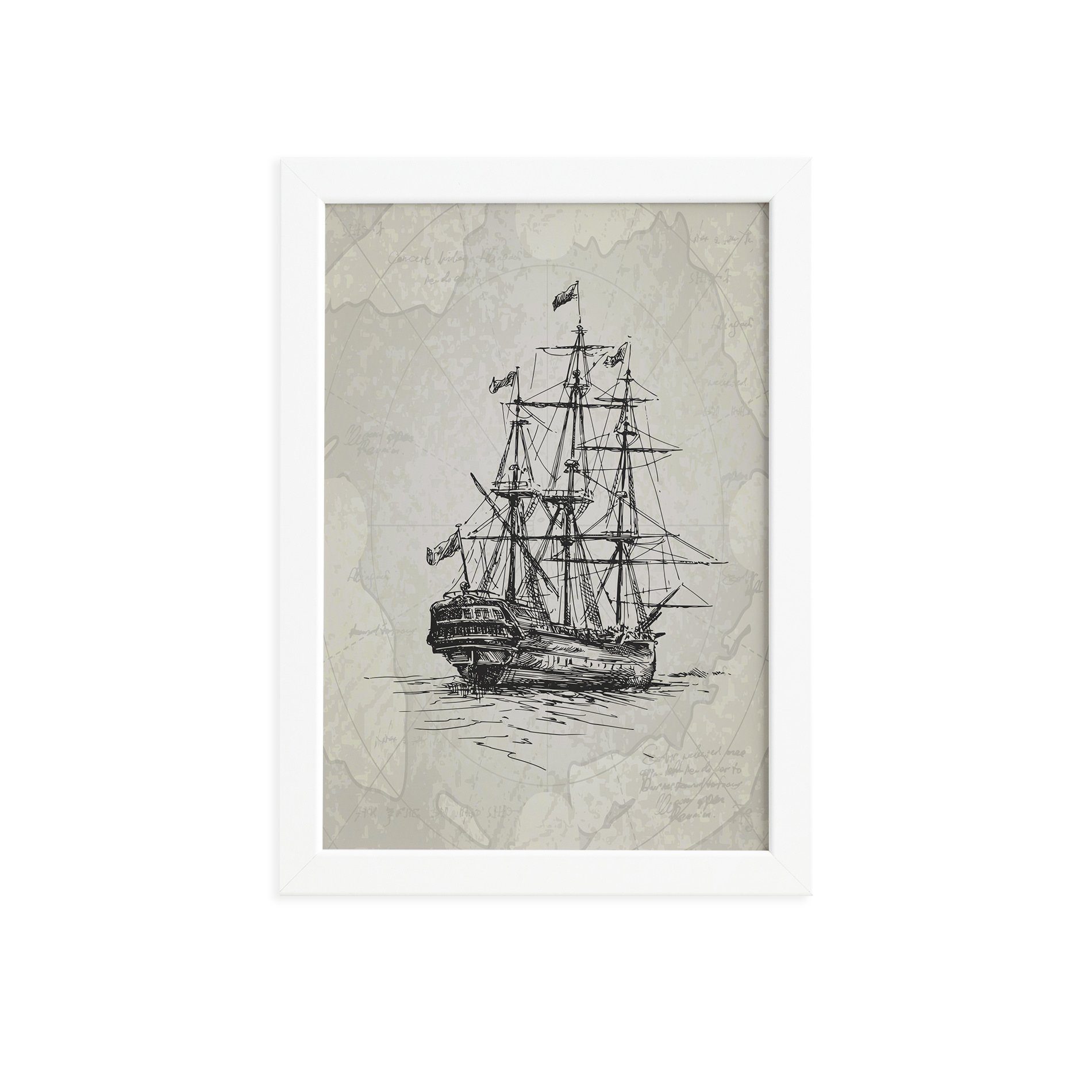 Quadro Vintage Náutico Caravela Moldura Branca