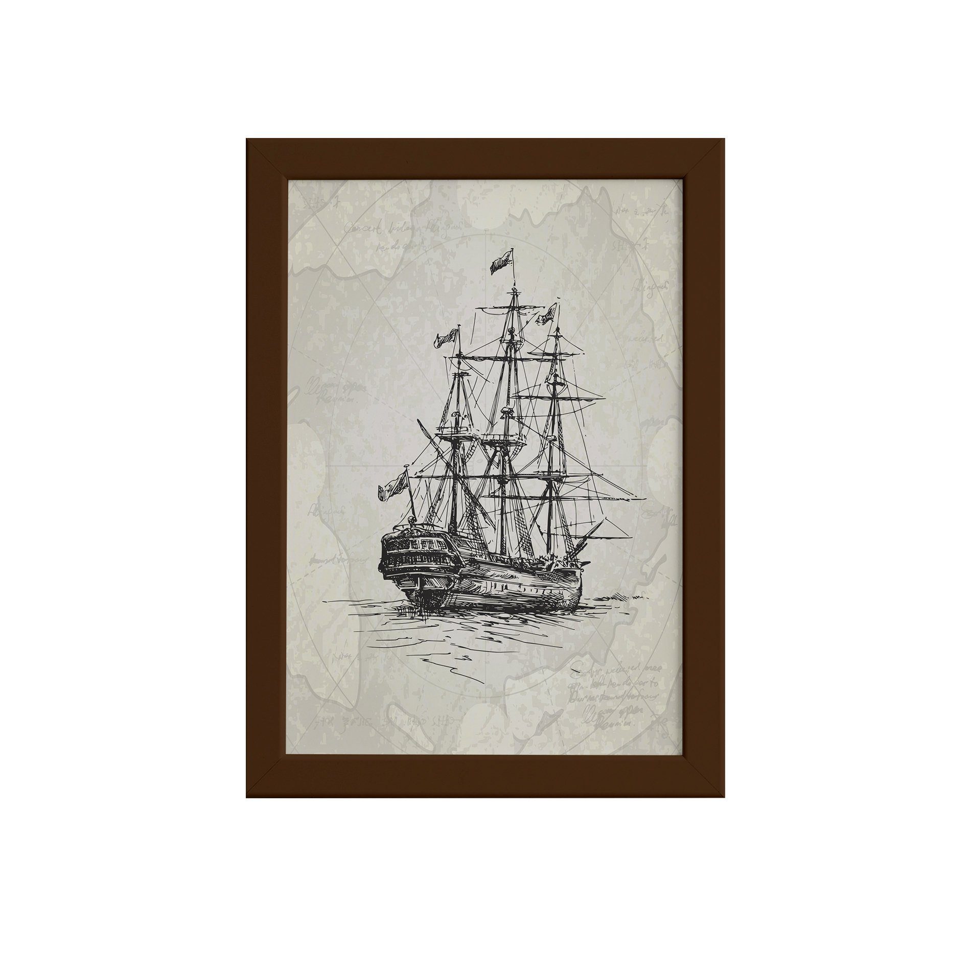 Quadro Vintage Náutico Caravela Moldura Marrom
