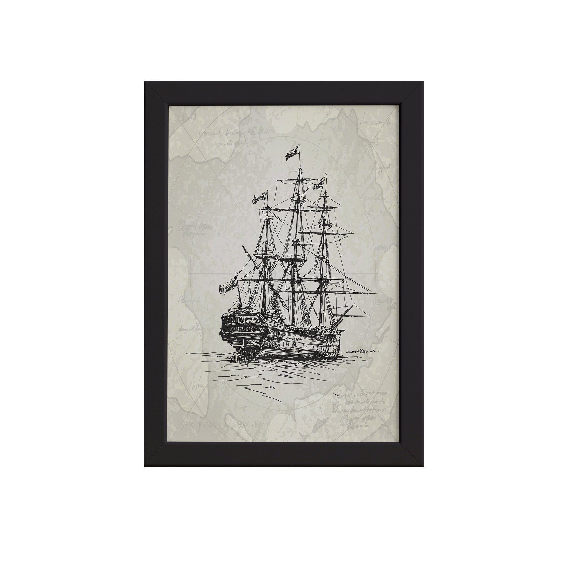 Quadro Vintage Náutico Caravela Moldura Preta