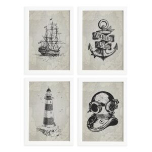 Quadros Vintage Náutico Moldura Branca 22x32cm 4un 