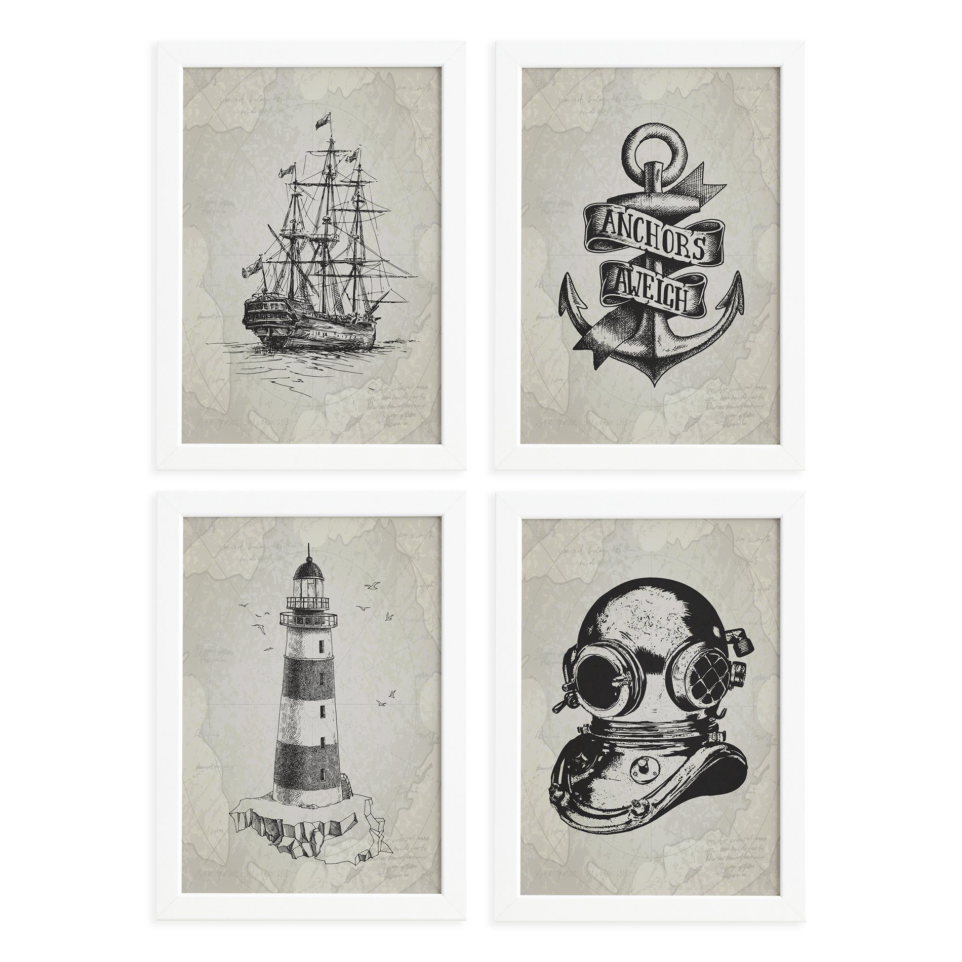 Quadros Vintage Náutico Moldura Branca 22x32cm 4un 