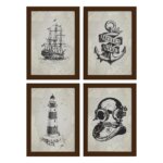 Quadros Vintage Náutico Moldura Marrom 33x43cm 4un