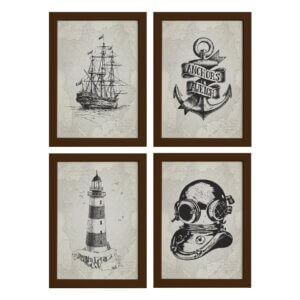 Quadros Vintage Náutico Moldura Marrom 33x43cm 4un