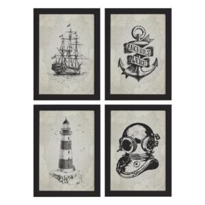 Quadros Vintage Náutico Moldura Preta 22x32cm 4un