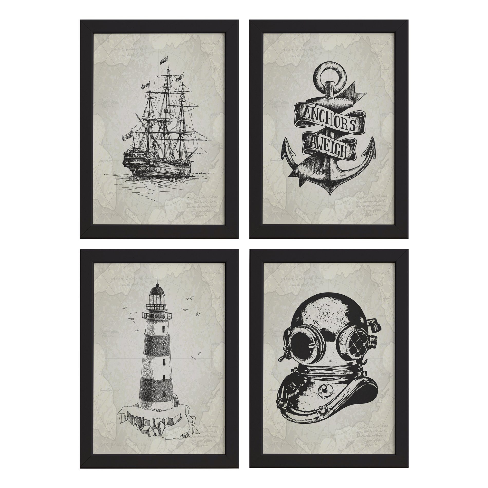 Quadros Vintage Náutico Moldura Preta 33x43cm 4un