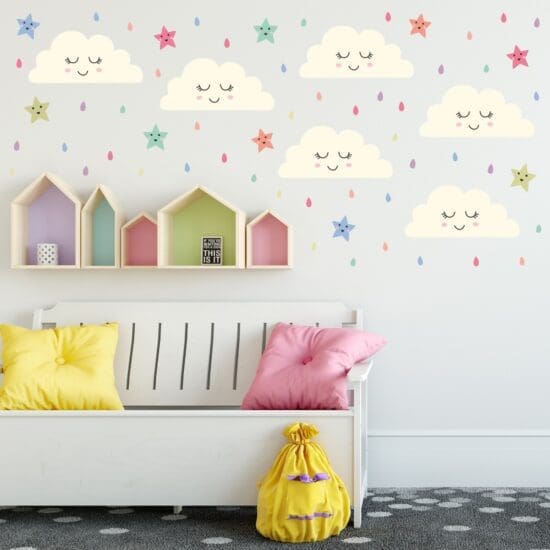 Adesivo de Parede Infantil Nuvens Estrelas e Gotas