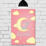 Placa MDF Infantil Elefante na Lua Rosa