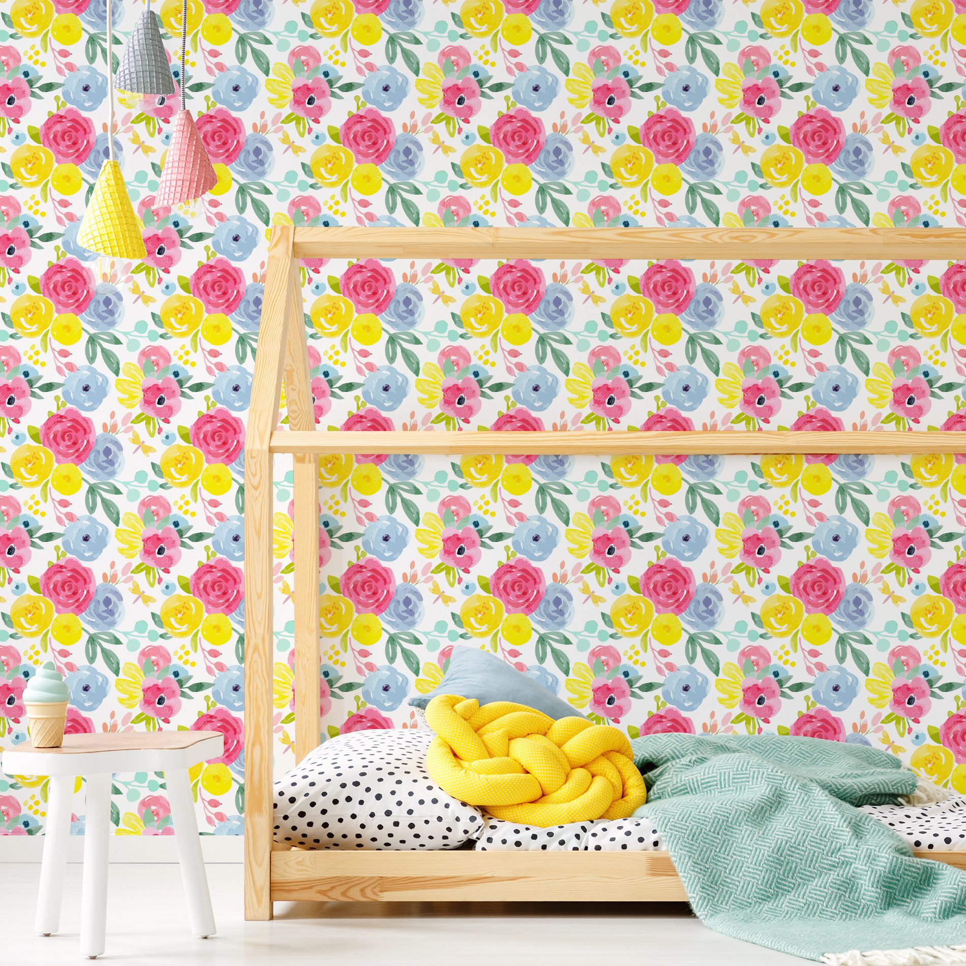 Papel de Parede Floral Aquarela p/ Quarto Feminino 57x270cm,Papel de Parede Floral Aquarela p/ Quarto Feminino 57x270cm