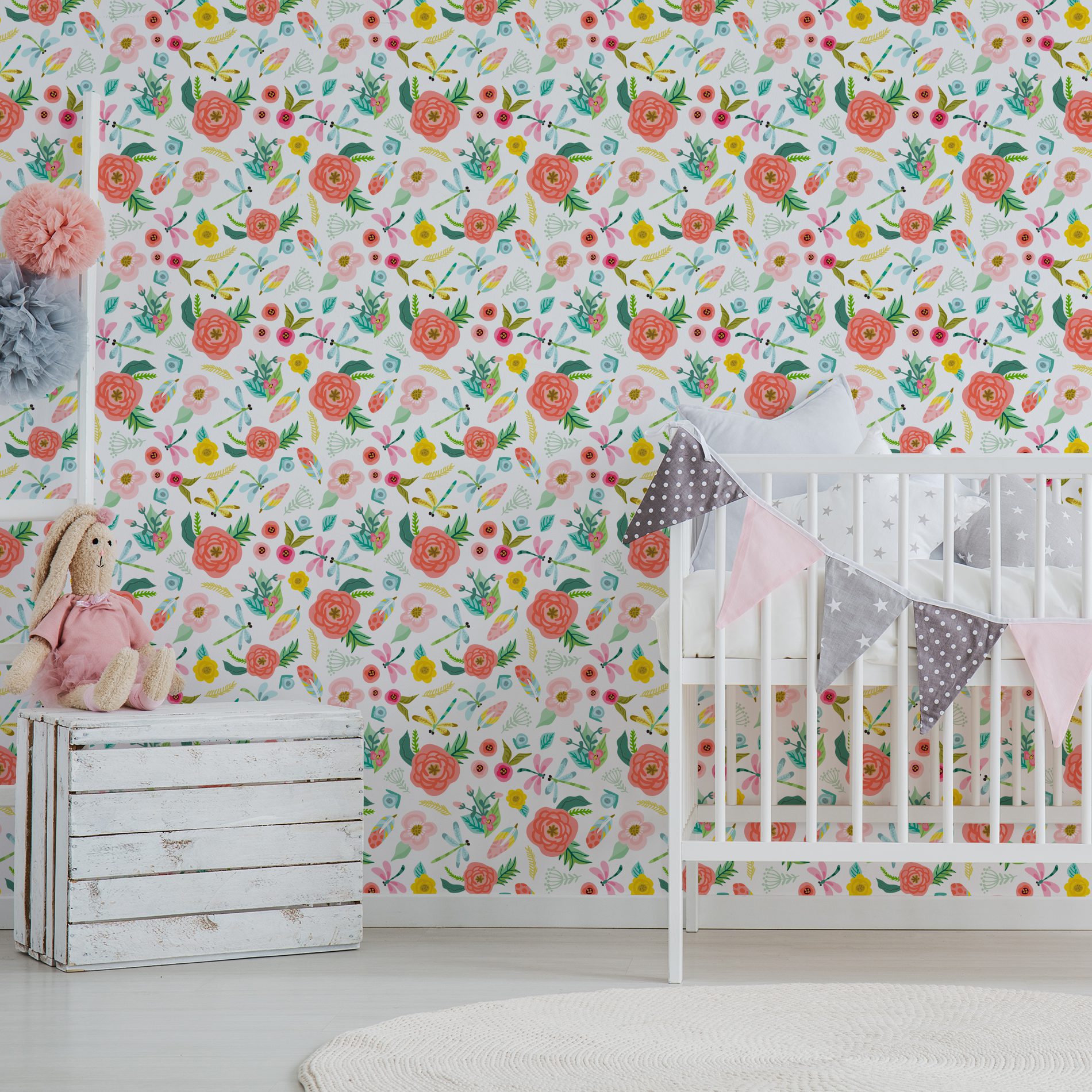 Papel de Parede Flores e Libélulas Quarto Feminino 57x270cm,Papel de Parede Flores e Libélulas Quarto Feminino 57x270cm