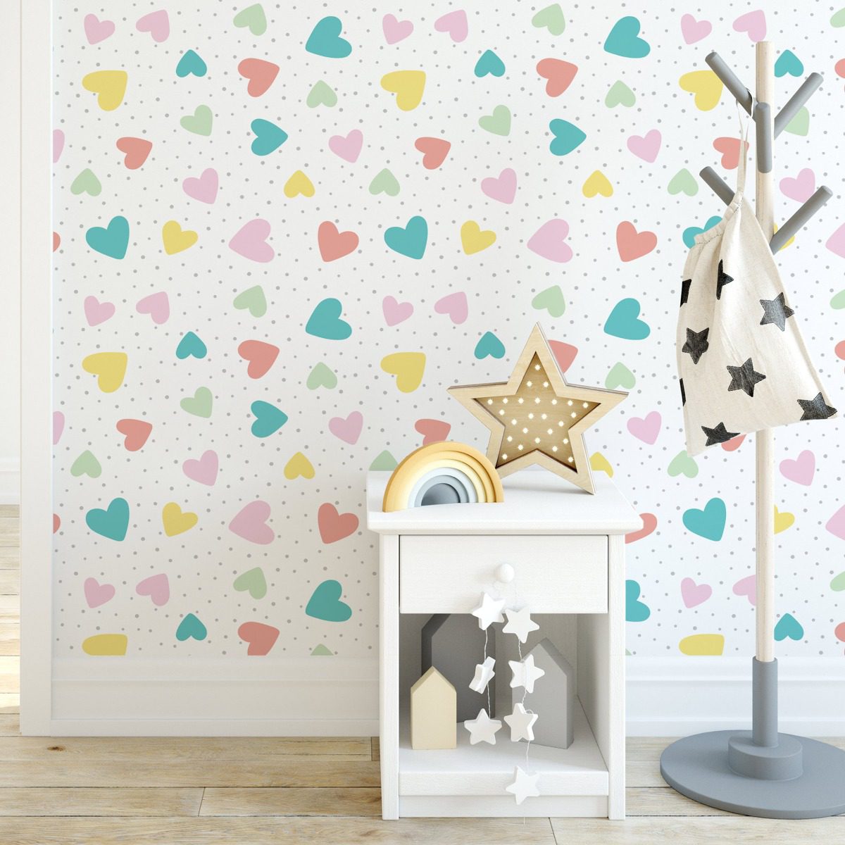 Papel de Parede Corações Tons Pastéis rolo 57x270cm