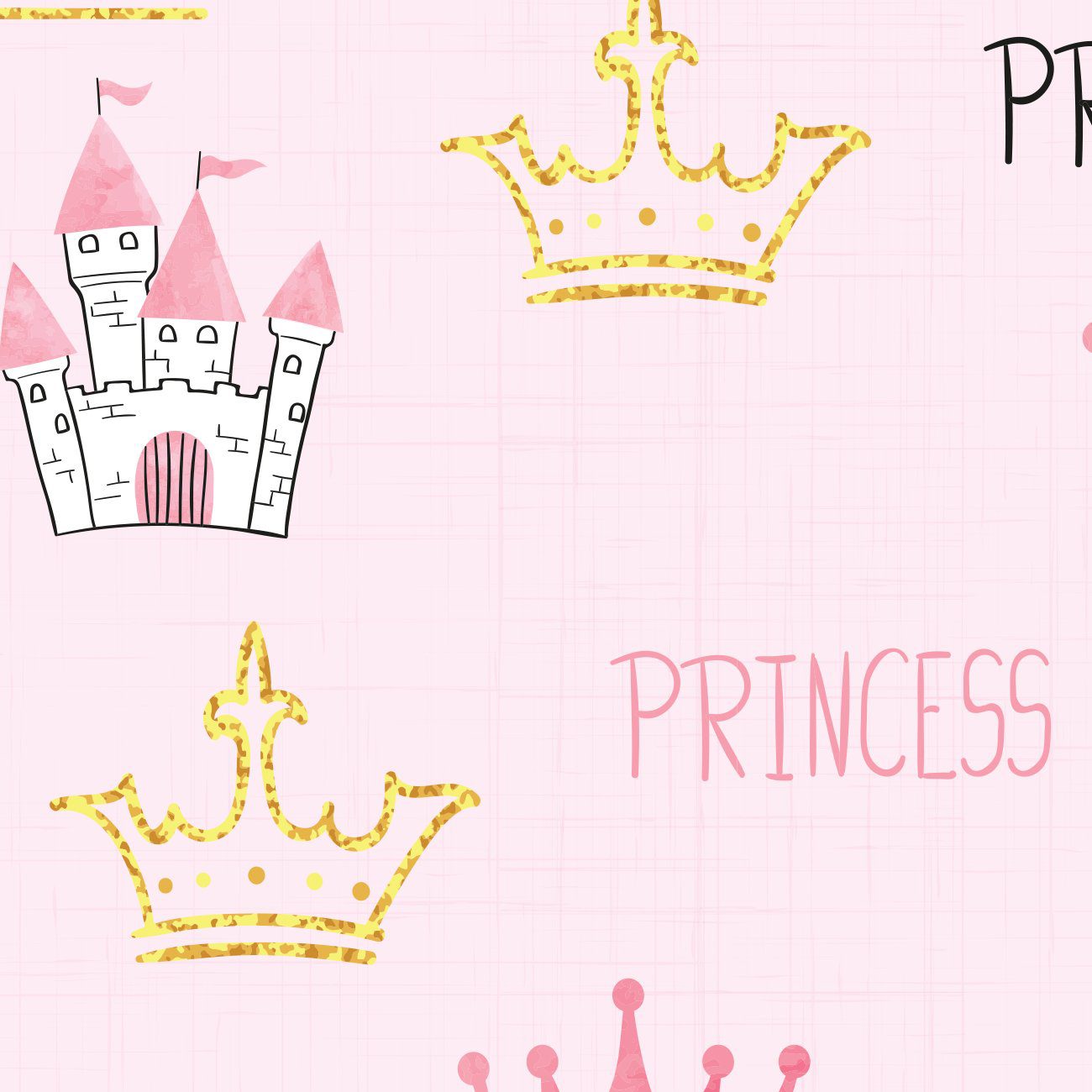 Close do papel de parede infantil Princesa mostrando detalhes das estampas em rosa claro, dourado e acabamento fosco.