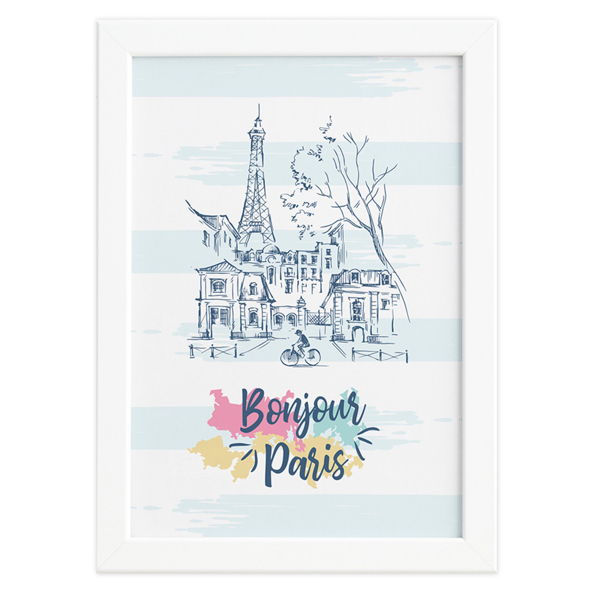 Quadro Paris Torre Eiffel Bonjour Moldura Branca