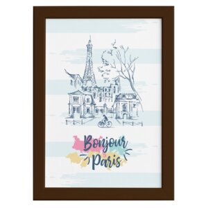 Quadro Paris Torre Eiffel Bonjour Moldura Marrom