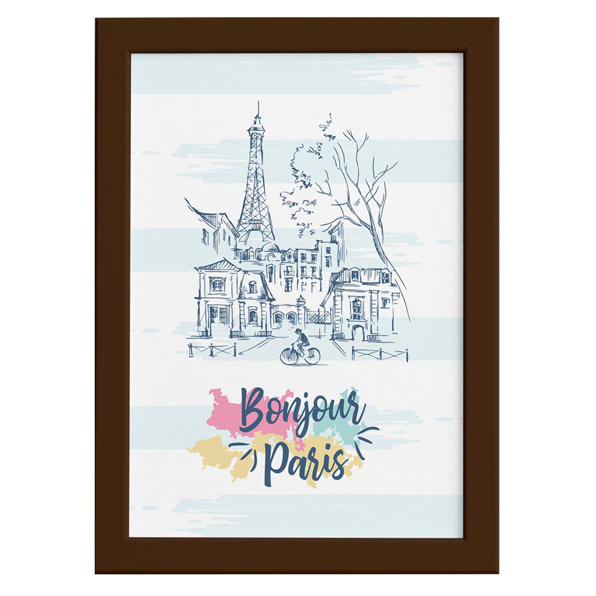 Quadro Paris Torre Eiffel Bonjour Moldura Marrom
