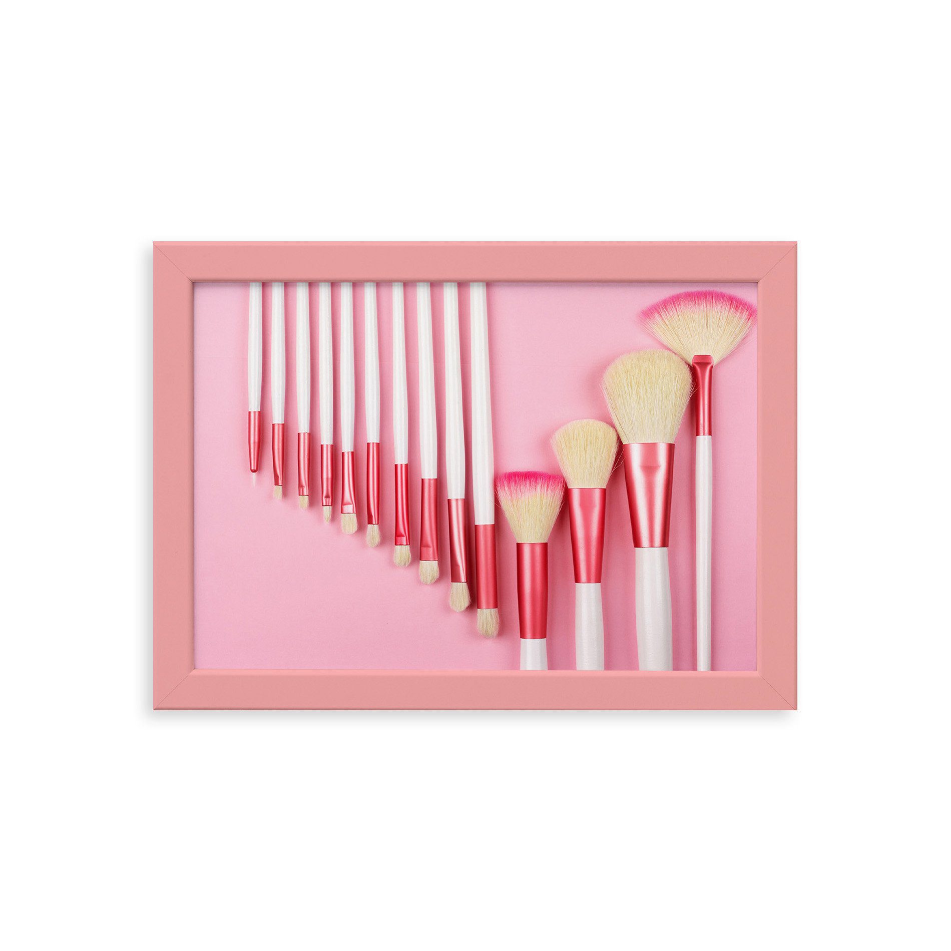 Quadro Pincéis Maquiagem Fundo Rosa Moldura Rosa 22x32cm