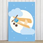 Placa Decorativa para Quarto Infantil Azul Avião e Lua 20x30