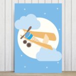 Placa Decorativa para Quarto Infantil Azul Avião e Lua 30x40