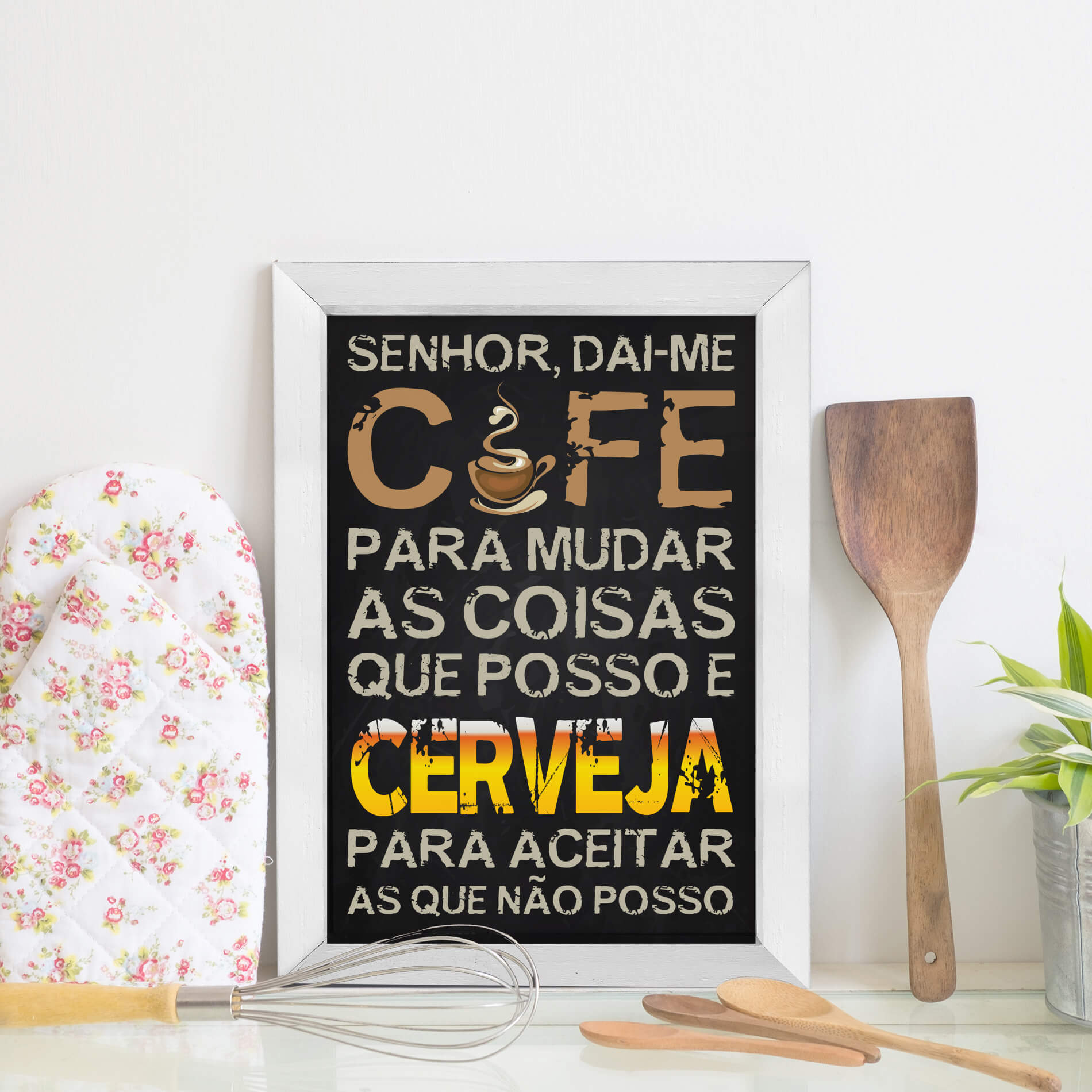 Quadro Decorativo Cozinha Café e Cerveja 22x32cm Moldura Branca
