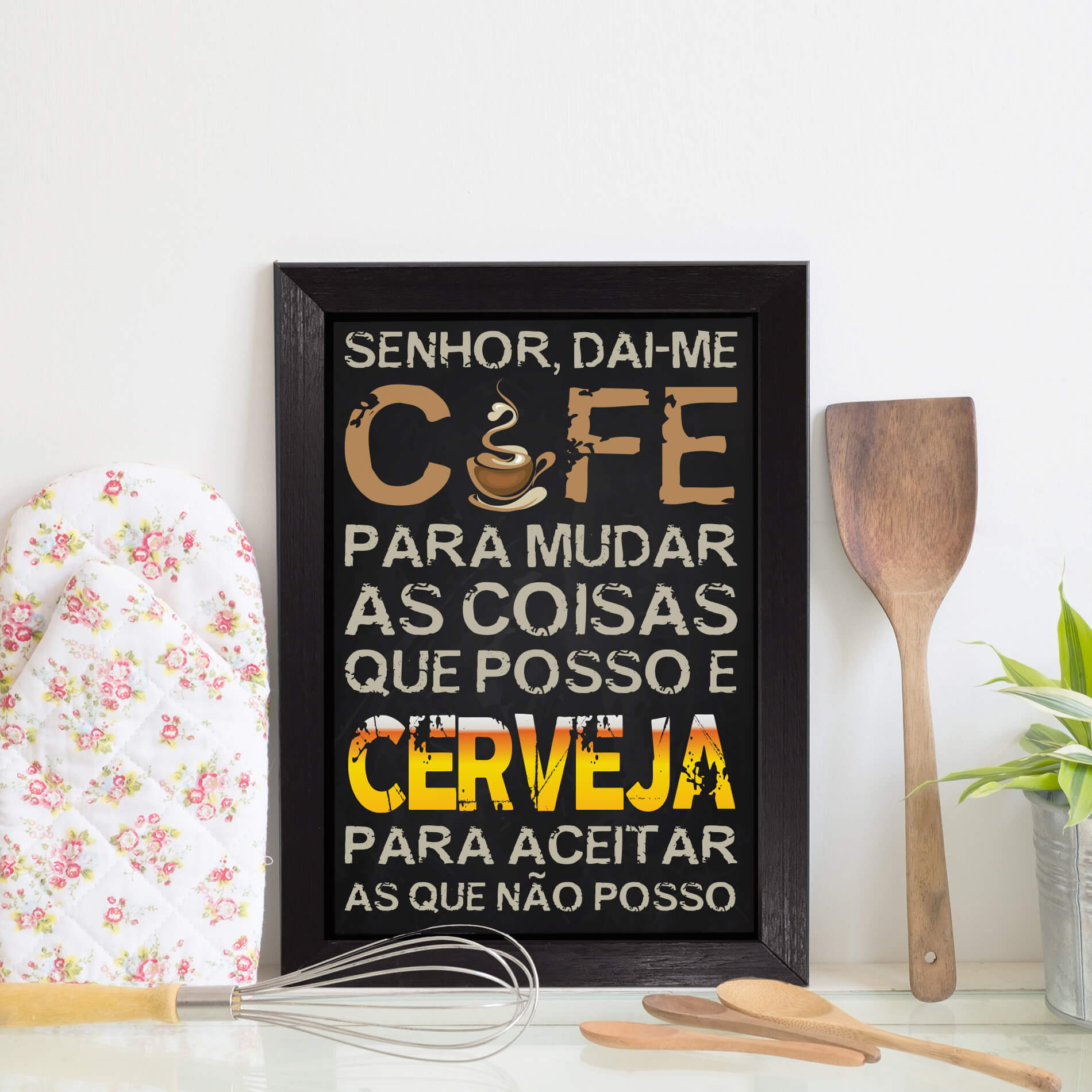 Quadro Decorativo Cozinha Café e Cerveja 22x32cm Moldura Preta